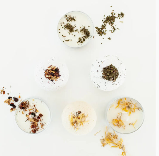 NURTURE. GATHER. WANDER. bath bomb + candle bundle